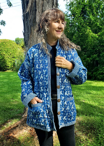 indigo printed quilted cotton jacket with pockets