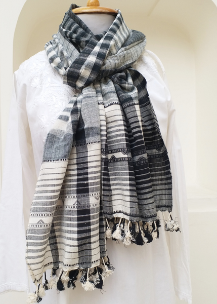 handwoven scarf organic cotton white and botanical black 