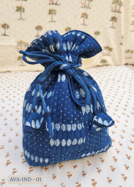 INDIGO BLOCK PRINT cotton drawstring pouch bag AVA-IND - 01