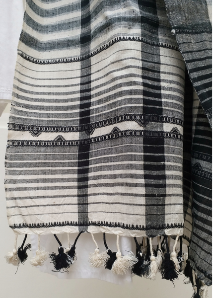 handwoven scarf organic cotton white and botanical black 