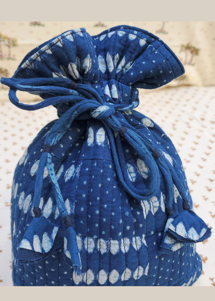 INDIGO BLOCK PRINT cotton drawstring pouch bag AVA-IND - 01