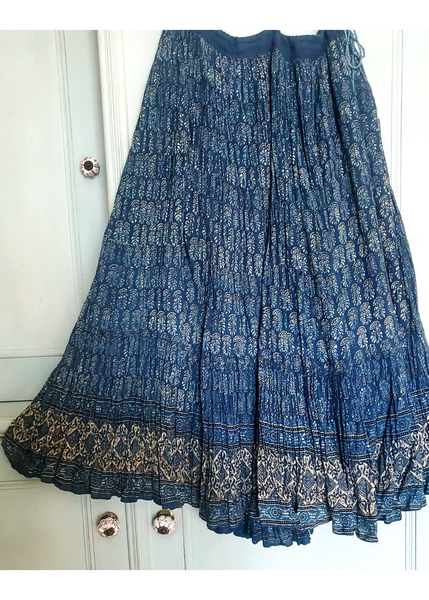 Sarah Skirt in INDIGO AJRAKH block print pleated cotton voile SC31