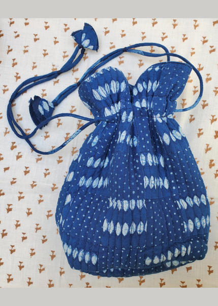 INDIGO BLOCK PRINT cotton drawstring pouch bag AVA-IND - 01