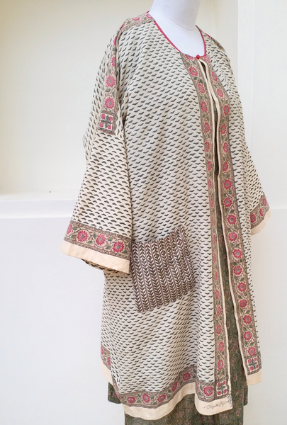 Vintage Lotus Leaf caftan open robe Brigitte Singh block print SC04