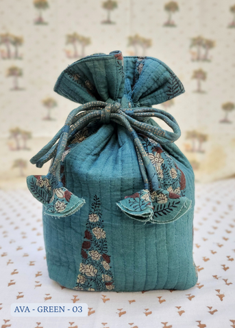 INDIGO GREEN BLOCK PRINT cotton drawstring pouch bag AVA-IND GR - 03