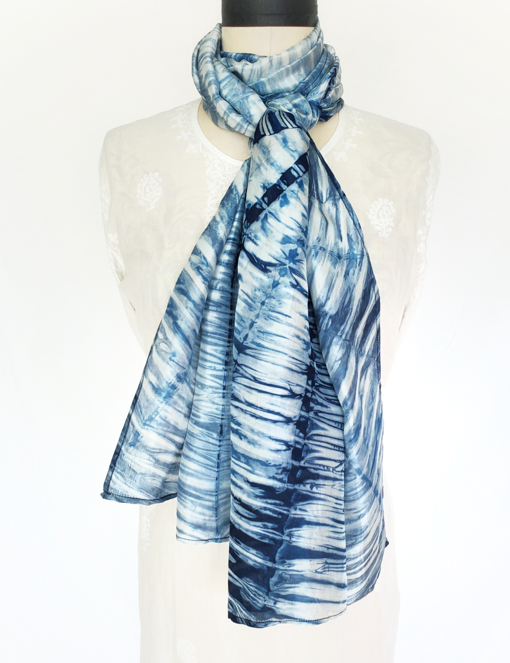 Pure Silk large scarf INDIGO Shibori hand dyed - SRI-02