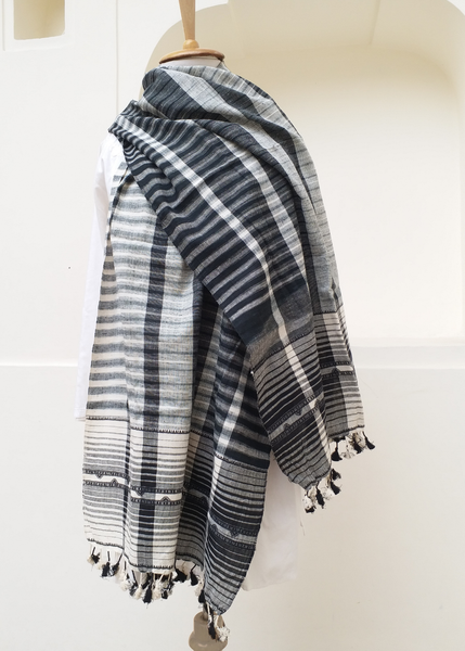 handwoven scarf organic cotton white and botanical black 