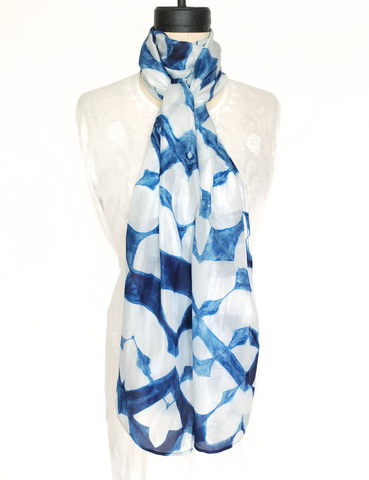 Pure Silk large scarf INDIGO Shibori hand dyed - SRI-03