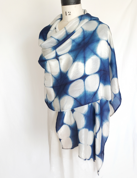 Pure Silk large scarf INDIGO Shibori hand dyed - SRI-06