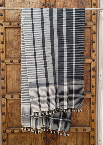 handwoven scarf organic cotton white and botanical black 