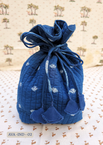 INDIGO BLOCK PRINT cotton drawstring pouch bag AVA-IND - 02