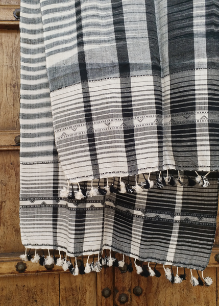 handwoven scarf organic cotton white and botanical black 