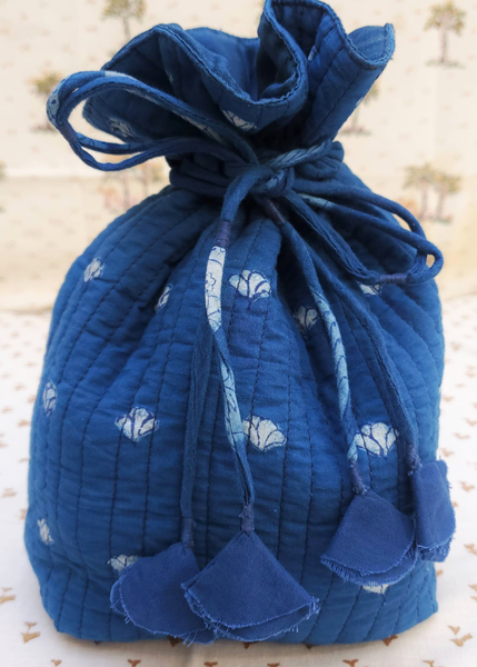 INDIGO BLOCK PRINT cotton drawstring pouch bag AVA-IND - 02