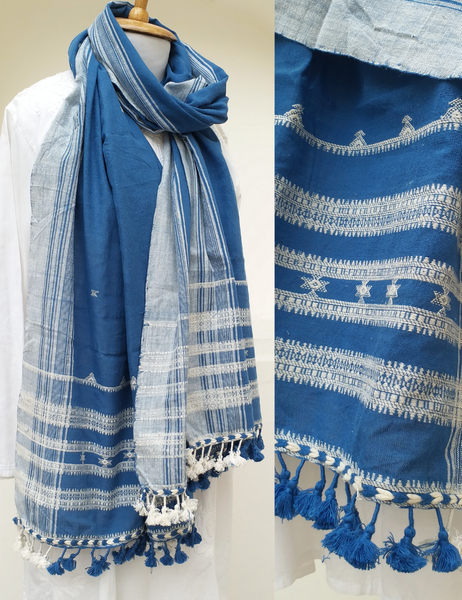 Blue and white patterned scarf with tassels on a mannequin and close-up view.