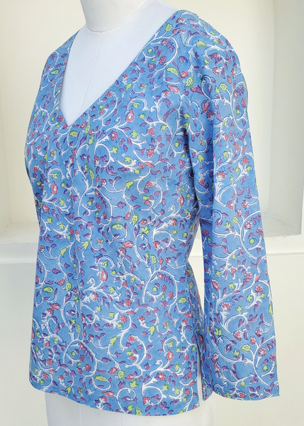 Bias V Neck Top Blue Periwinkle print