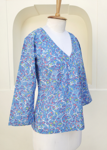 Bias V Neck Top Blue Periwinkle print