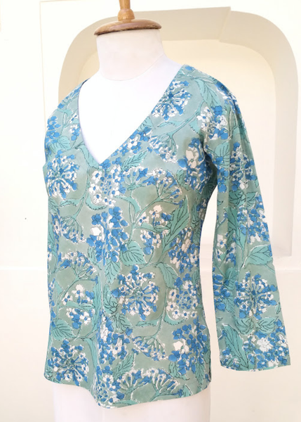 Bias V Neck Top Green Lantana print