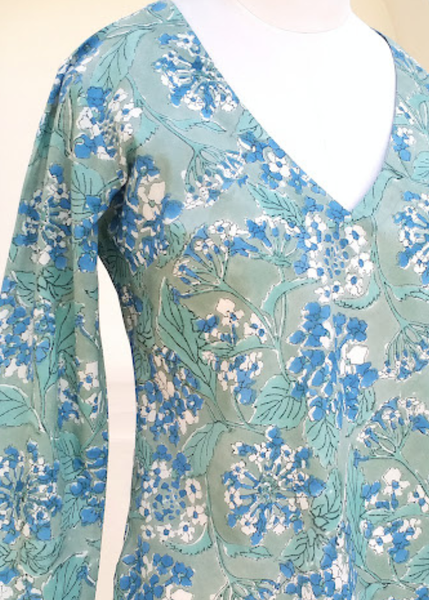 Bias V Neck Top Green Lantana print
