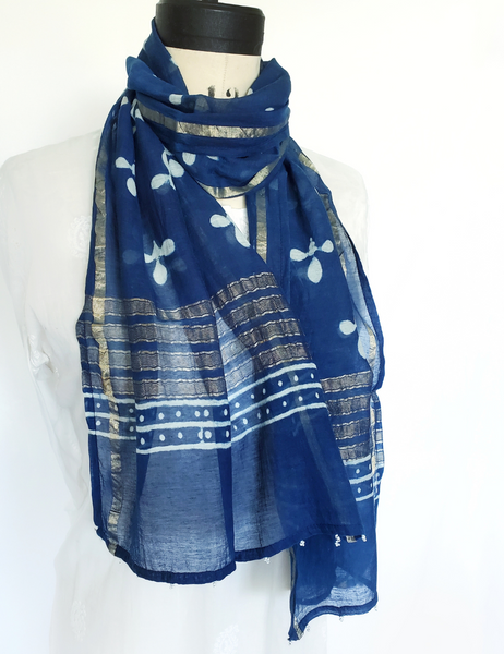 Indigo block CHANDERI SILK print scarf SO-28