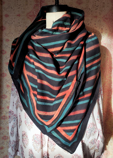 HAND BLOCK PRINTED SQUARE SCARF - BOTANICAL STRIPE CH - 59