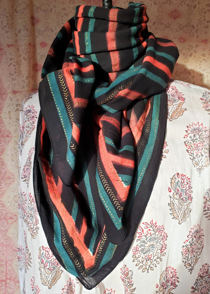 HAND BLOCK PRINTED SQUARE SCARF - BOTANICAL STRIPE CH - 59