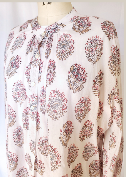 Grandfather Shirt in block printed unbleached off-white soft cotton