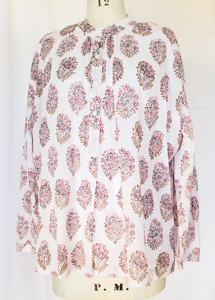 Grandfather Shirt in block printed unbleached off-white soft cotton