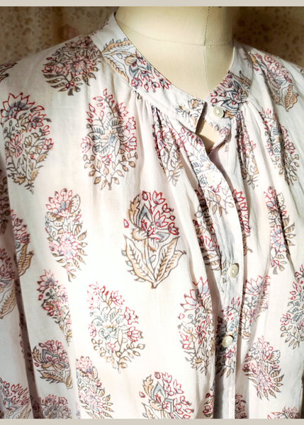 Grandfather Shirt in block printed unbleached off-white soft cotton