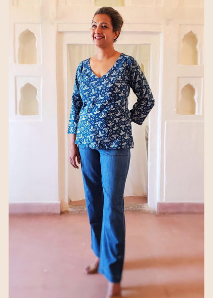 Bias V Neck Top Indigo Blue