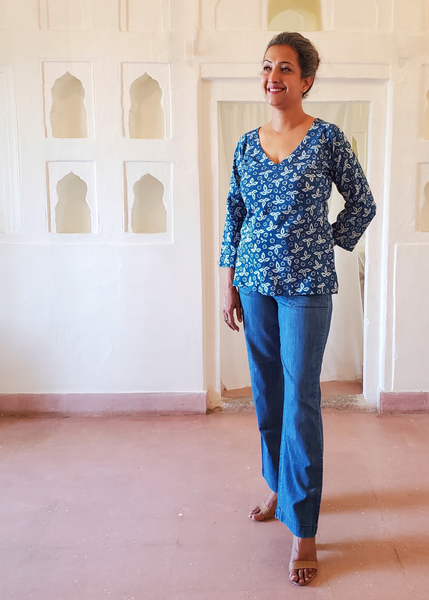 Bias V Neck Top Indigo Blue
