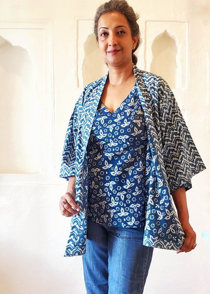 Lined Kimono Jacket in Christina and Verona Print Indigo