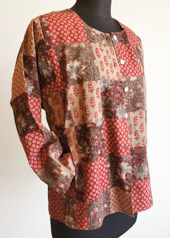 PATCHWORK SIX BUTTON JACKET in botanical BROWNS printed cotton