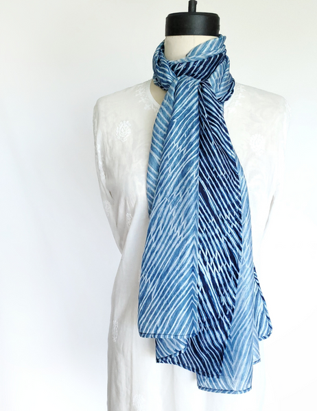 Pure Silk large scarf INDIGO Shibori hand dyed - SRI-11