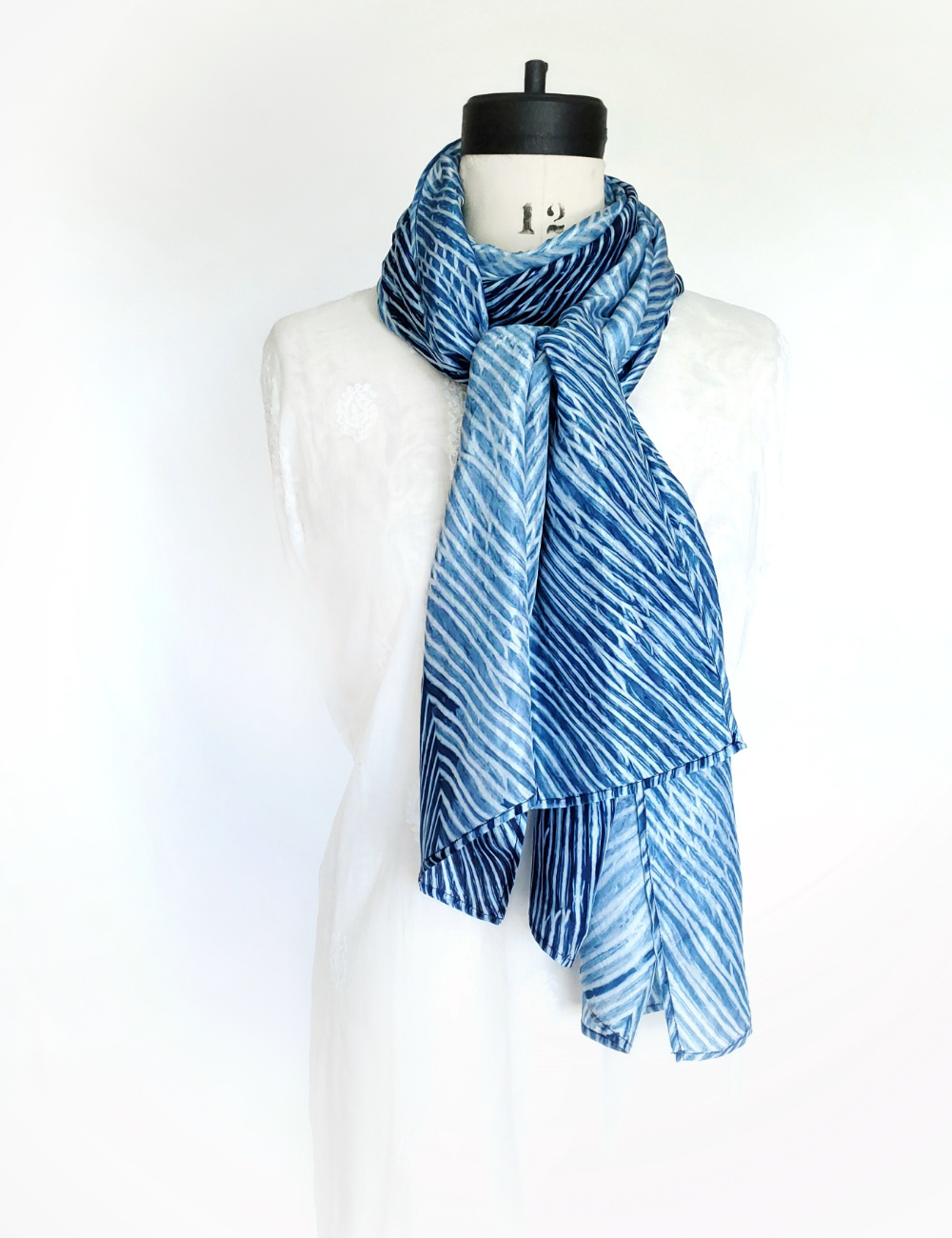 Pure Silk large scarf INDIGO Shibori hand dyed - SRI-11