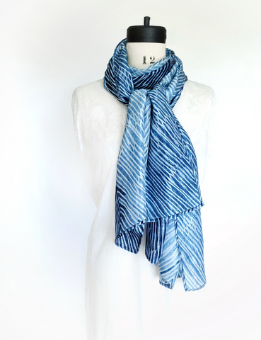 Pure Silk large scarf INDIGO Shibori hand dyed - SRI-11