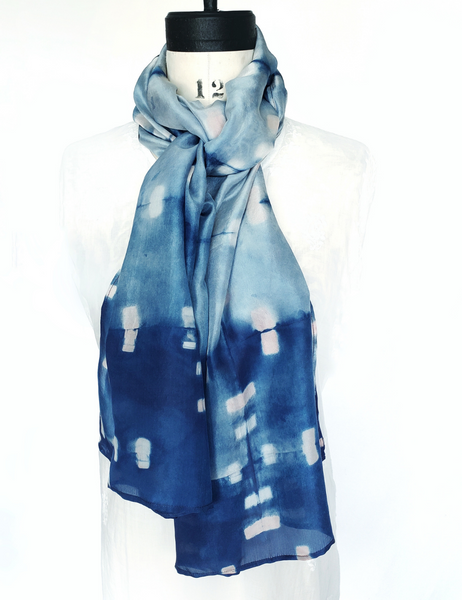 Pure Silk large scarf INDIGO Shibori hand dyed - SRI-04