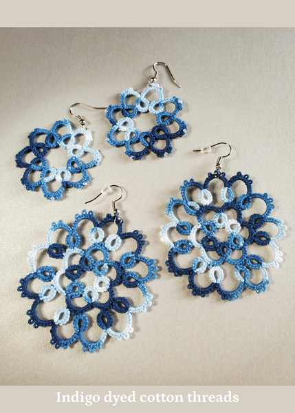 handmade indigo cotton tatted earrings