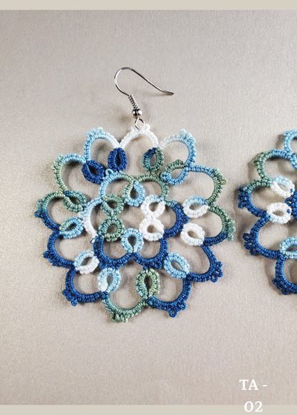 handmade tatted Indigo cotton thread earrings