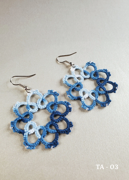 handmade tatted Indigo cotton thread earrings