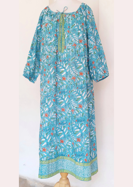 Peasant Dress in Turquoise Neem Jaal print