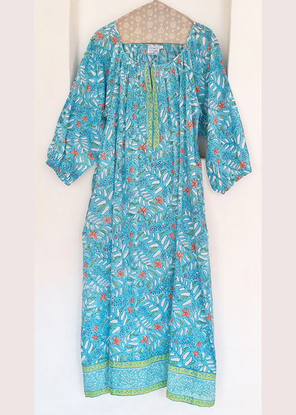 Peasant Dress in Turquoise Neem Jaal print