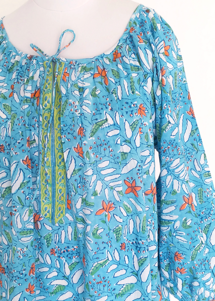Peasant Dress in Turquoise Neem Jaal print