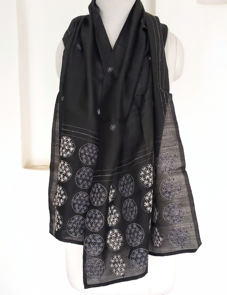hand embroidered black scarf of cotton- silk weave voile