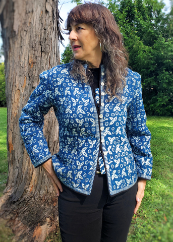 QUILTED PARTY JACKET INDIGO BLUE CHRISTINA PRINT