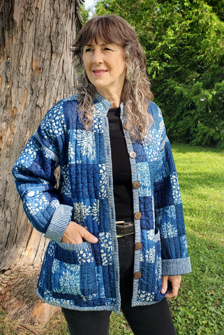 * NEW * QUILTED MADDY JACKET in PATCHWORK INDIGO-BOTANICAL PRINTS