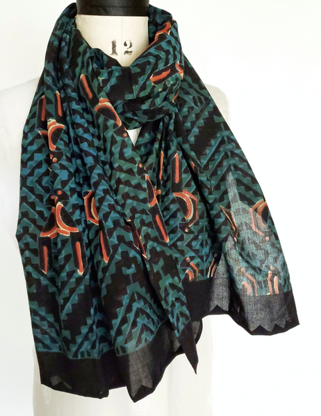 HAND BLOCK PRINTED WIDE STOLE SCARF COTTON DECO BIRDS - ANO-15