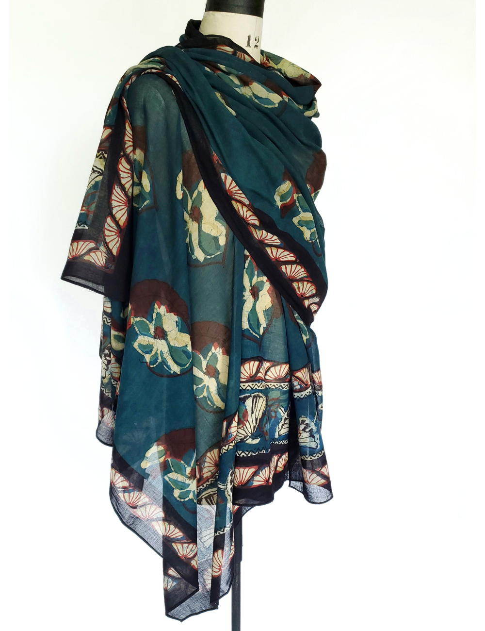 HAND BLOCK PRINTED BOTANICAL LOTUS DUPATTA STOLE - ANO-14