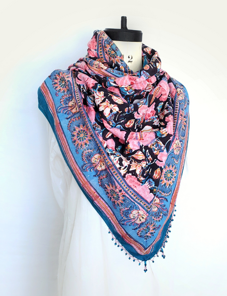 HAND BLOCK PRINTED LARGE SQUARE SCARF COTTON  RC - 01