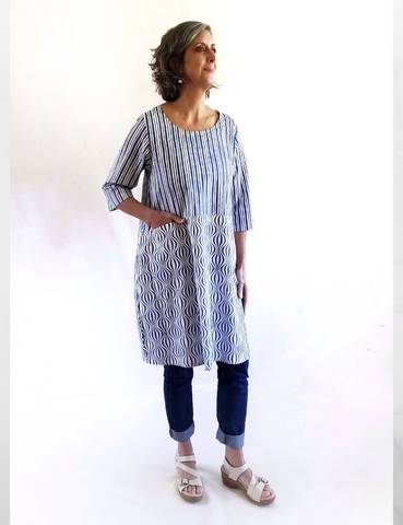 Sale price Nadine Dress in Blue and White Op Art print