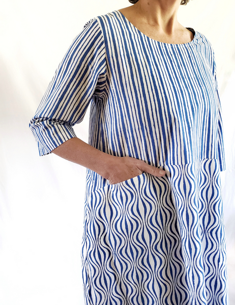 Sale price Nadine Dress in Blue and White Op Art print